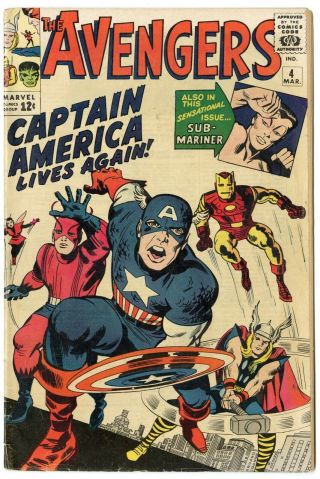 Avengers 4 Vg,  4.  5 1st Silver Age App.  Captain America Marvel 1964 No Resv
