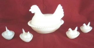 White Milk Glass Hen Chicken On Nest Beaded & 4 Small Hens On Nest