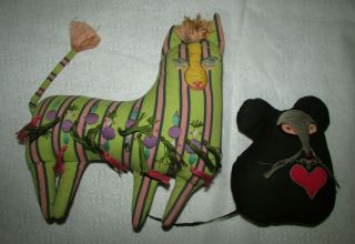 Vintage Handmade Embroidered Folk Art Plush Stuffed Animals Colorful Cat & Mouse