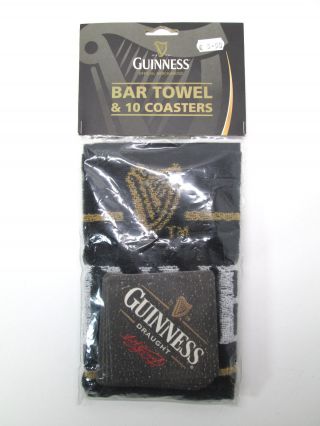 Guiness Beer Bar Towel & 10 Coasters Set Black & White Perfect For Any Man Cave