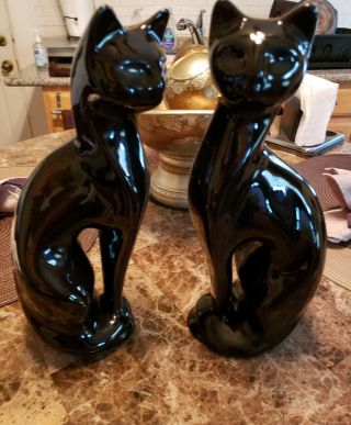 Vintage Black Cat Ceramic Statue Figurine Mid Century Modern 10 Inc Pair