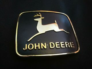 John Deere Belt Buckle Vintage 2 Leg Logo 1981 Gold Tone W/ Black Background