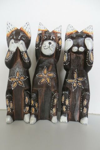 Set Of 3,  8 " Cats Speak,  See & Hear No Evil Cat Figurines,  Wood,