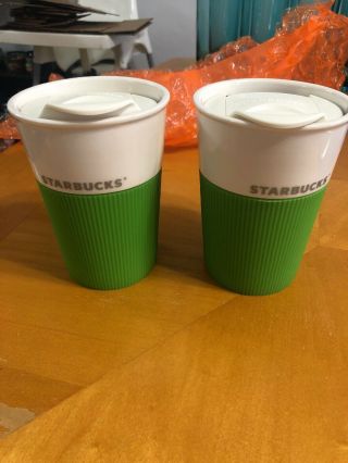 Starbucks 2012 White Bone China Green Silicone Grip 8 Oz Travel Mugs Set Of 2