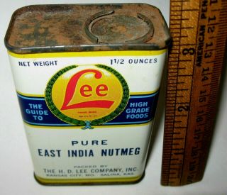 Antique EAST INDIA NUTMEG SPICE TIN H.  E.  Lee Kansas City MO Salina KS 1 1/2oz Can 2