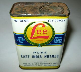 Antique EAST INDIA NUTMEG SPICE TIN H.  E.  Lee Kansas City MO Salina KS 1 1/2oz Can 3