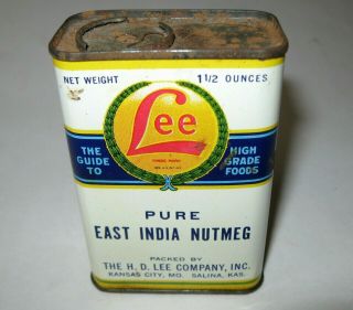 Antique EAST INDIA NUTMEG SPICE TIN H.  E.  Lee Kansas City MO Salina KS 1 1/2oz Can 4