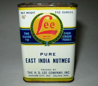 Antique EAST INDIA NUTMEG SPICE TIN H.  E.  Lee Kansas City MO Salina KS 1 1/2oz Can 5