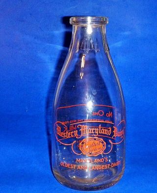 Vintage " Western Maryland Dairy " One Quart Glass Milk Bottle