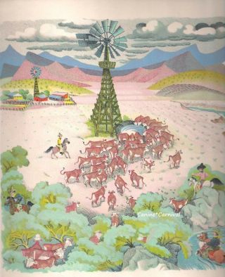 Cowboy Cattle Herding Ranch Windmill Vintage 1940s Childrens Art Print