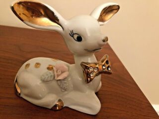 Vintage 1950s Artmark Japan Porcelain Fawn Deer Figurine Creamy White & Gold