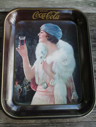 Coca - Cola 1973 Party Flapper Girl Blue Hat Metal Serving Tray Coke Vintage