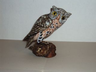 Vtg Carved Hand Painted Wood Wooden 4 - 1/4 Owl Bird Figure Sculpture On Driftwood
