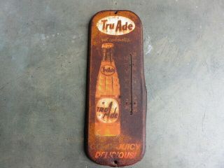 1950s Tru Ade Orange Soft Drink Tin Litho Advertising Thermometer Sign @@