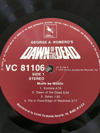 DAWN OF THE DEAD George Romero Vinyl LP Soundtrack Varese Sarabande Goblin 5