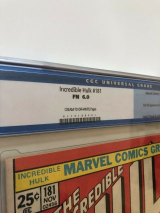 The Incredible Hulk 181 CGC 6.  0 1st full Wolverine,  cream to off - white pages 2