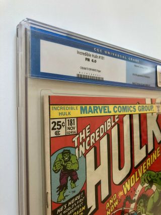 The Incredible Hulk 181 CGC 6.  0 1st full Wolverine,  cream to off - white pages 3