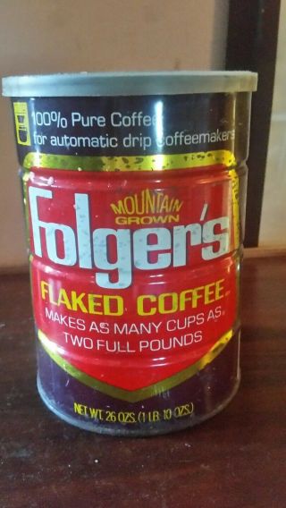 Vintage Mountain Grown Folgers Flaked Coffee 26oz Tin Can Lid Brown Red Pricetag