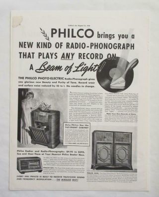 1940 Philco Photo - Electric Radio - Phonograph Black/white Print Ad Light Beam