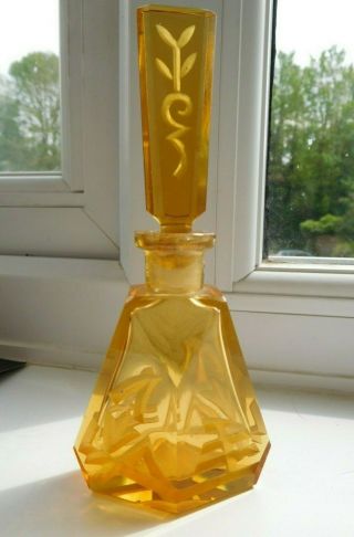 Art Deco Cut Amber Perfume Bottle Probably Bohemian 5 - 1/2 Inches High