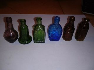6 Small Colored Decorative Glass Bottles,  Vintage Cast Iron Frog.