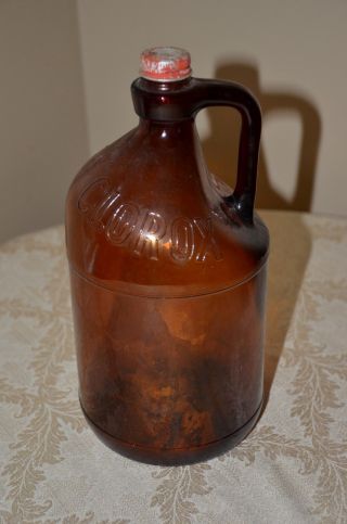 Vintage 1959 - 62 Brown Glass Clorox Jug/bottle 1/2 Gallon,  Squared Handle W/ Cap