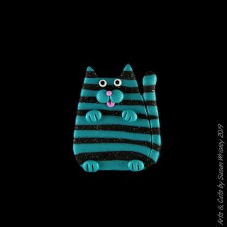 Small Turquoise & Glittery Black Tabby Kitty Cat Pin - Swris