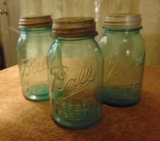 3 Vintage Ball Blue Mason Jars W/ Aluminum Lids & Milk Glass Liners