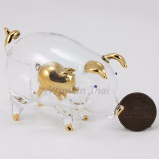 Pig With Piglet Hand Blown Glass Miniature Figurine Gold Trim