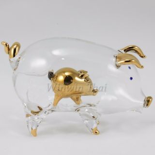 PIG With PIGLET Hand Blown Glass Miniature Figurine GOLD TRIM 5