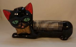 Vintage 50s Black Ceramic Cat Desk Piece Metal Letter Holder 7 " Long Japan Good