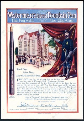 1908 Waterman Ideal Fountain Pen Soldier School Art Vintage Print Ad