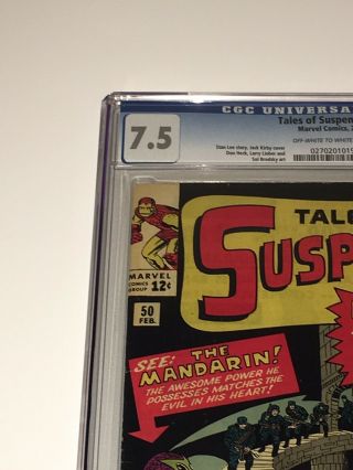 Tales of Suspense 50 CGC 7.  5 OW/W Pages First Appearance Mandarin 2