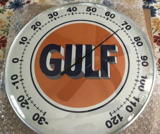 Gulf Oil Gas Thermometer 12” Round Glass Dome Sign Vintage Style Man Cave Decor