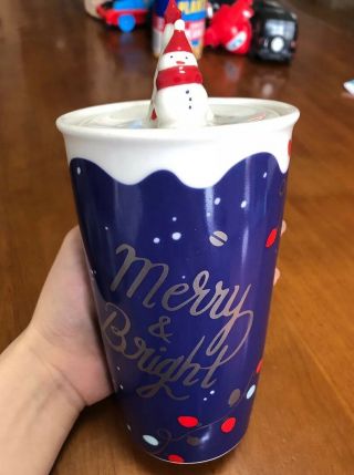Starbucks 2018 China Merry Christmas Snowman 12oz Double Mug Cup Blue