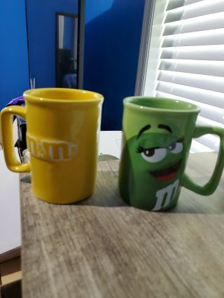 Two Officially Licensed 2013 M&m Green & Yellow Coffee Mugs Cups Collectible