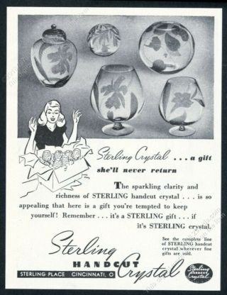 1946 Sterling Crystal Flower Design Glasses Photo Vintage Print Ad