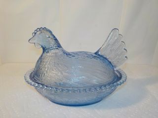 Vintage Ice Blue Glass Nesting Hen Chicken On Basket Candy Dish 7 "
