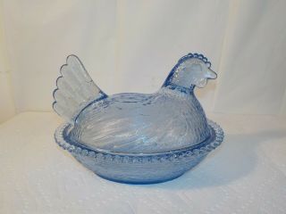 Vintage Ice Blue Glass Nesting Hen Chicken on Basket Candy Dish 7 