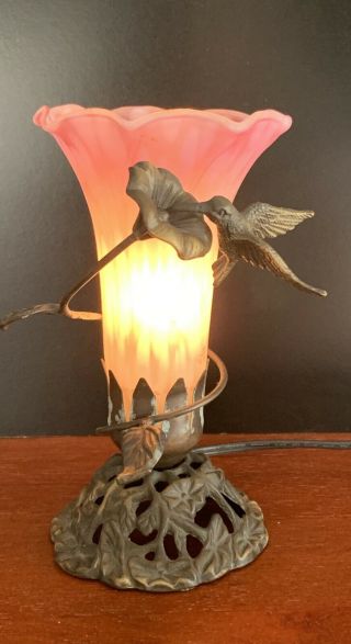 Vintage Pink Glass Bronze Lamp Hummingbird Sipping From A Morning Glory Electric