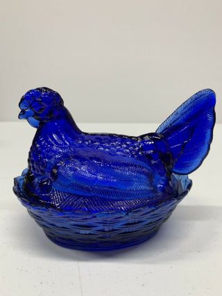 Split Tail Cobalt Blue Glass Hen Chicken On Nest Basket