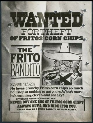 1968 Frito Bandito Wanted Poster Style Art Fritos Corn Chips Vintage Print Ad