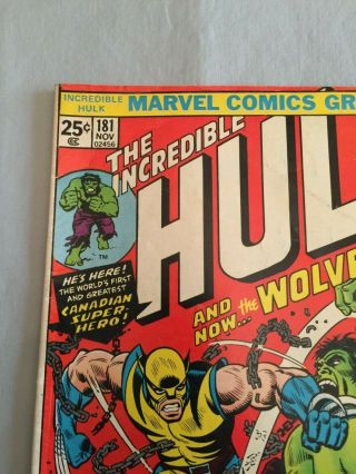 Marvel Comics THE INCREDIBLE HULK 181 1974 1st full app Wolverine MVS 6.  5 FN, 2