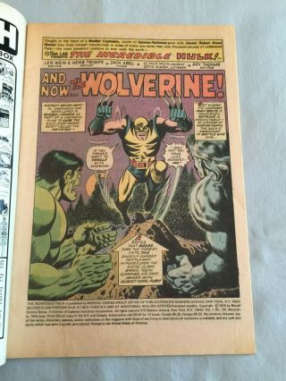 Marvel Comics THE INCREDIBLE HULK 181 1974 1st full app Wolverine MVS 6.  5 FN, 6