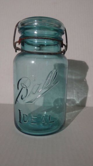 Old Vintage Ball Ideal Blue Glass Quart Canning Jar 7 With Lid Wire Bail