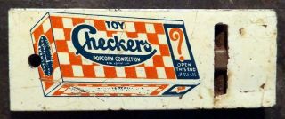 Vtg 2¾ " Tin Toy 2 - Tone Whistle Adv Checkers Candy Popcorn C1920s - 30s