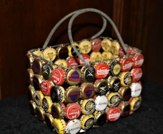 Vintage Wire Basket Handmade Of Various Beer Bottle Caps Soda Crowns Box Handles
