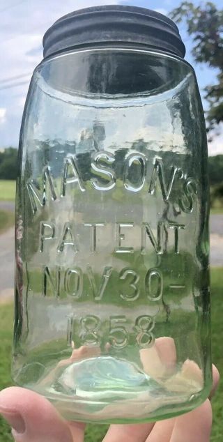 Light Lime Green Masons Patent 1858 Quart Fruit Jar Antique Early