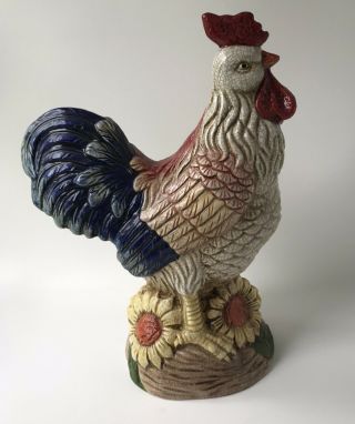 Ceramic Rooster Figurine Large Colorful 12 1/2 Tall Crazing Sunflowers