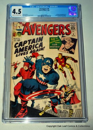 The Avengers 4 First Silver Age Captain America Cgc 4.  5 1964 Marvel Comics